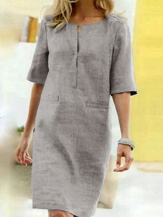 Dames Shift Kjole i Katoen-Linned Blend med V-Slit Hals-4