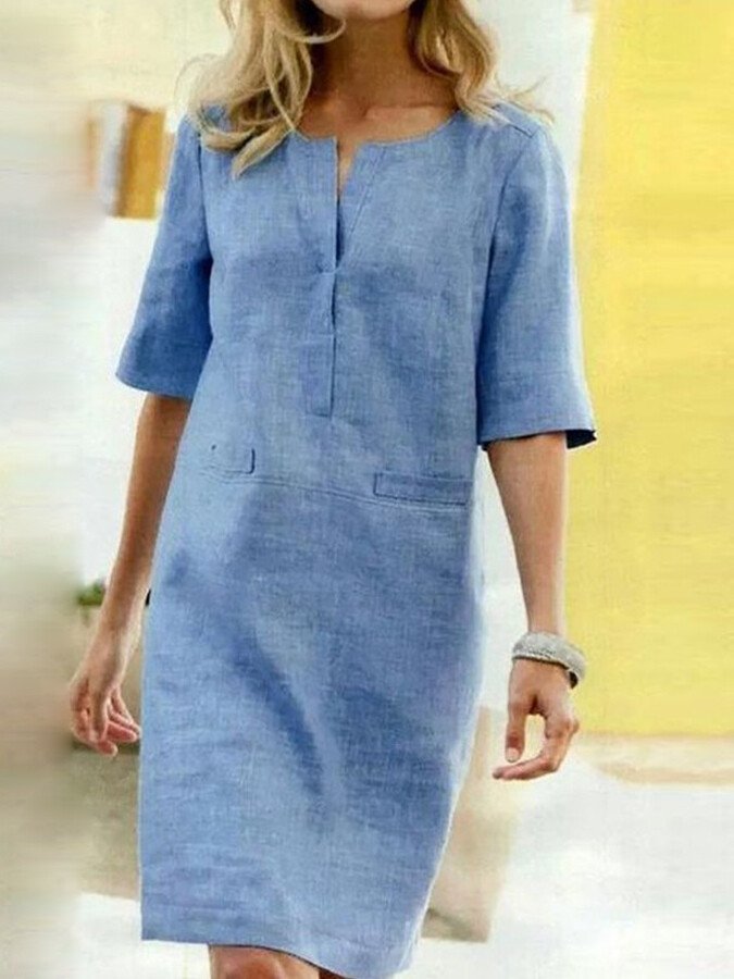 Dames Shift Kjole i Katoen-Linned Blend med V-Slit Hals-1