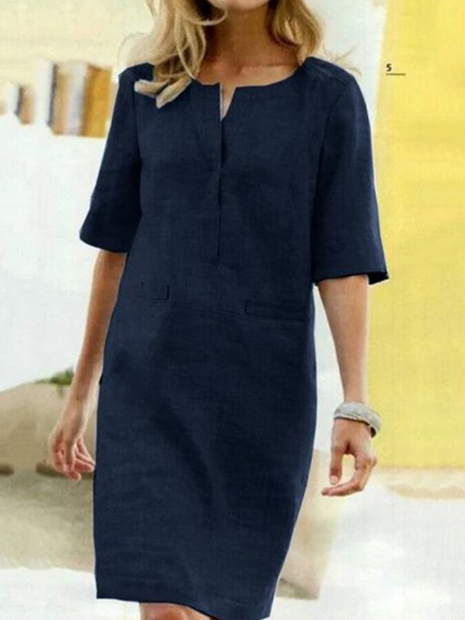 Dames Shift Kjole i Katoen-Linned Blend med V-Slit Hals-5
