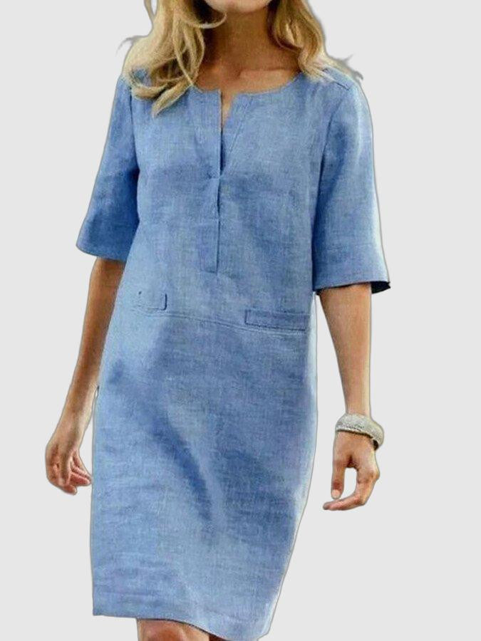 Dames Shift Kjole i Katoen-Linned Blend med V-Slit Hals-2